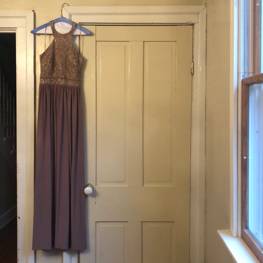 Taupe sequined floor length dress